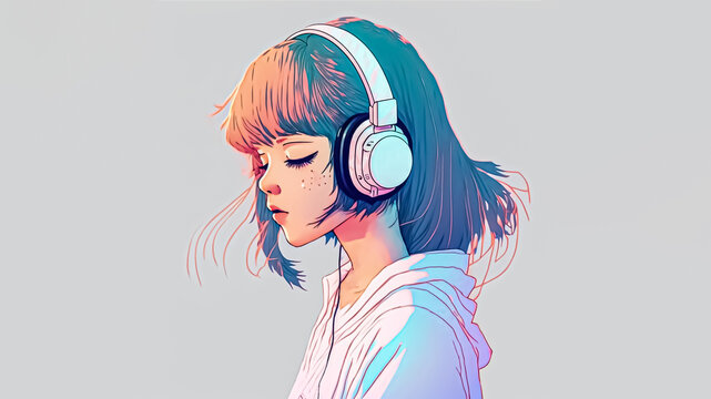 Beautiful Anime Girl Listening To Lofi Hip Hop Music With Headphones. Manga, Cartoon Drawing.