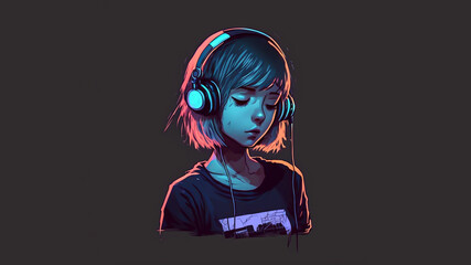 Beautiful anime girl listening to lofi hip hop music with headphones. Manga, cartoon drawing. - obrazy, fototapety, plakaty