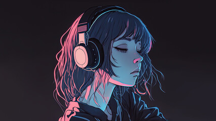 Beautiful anime girl listening to lofi hip hop music with headphones. Manga, cartoon drawing. - obrazy, fototapety, plakaty