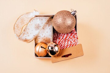 Christmas flatlay with bells and decoration