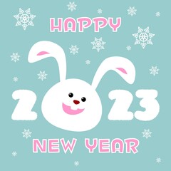 Happy New Year greeting card with a bunny and snowflakes on a blue background