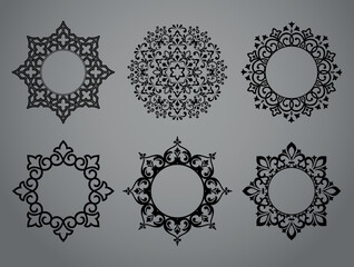 Set of decorative frames Elegant vector element for design in Eastern style, place for text. Floral black and gray borders. Lace illustration for invitations and greeting cards