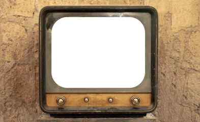 A retro vintage TV from the 1940s (wartime television), showing a convex screen (blank cutout). Location: old room with stone walls. Front shot.
