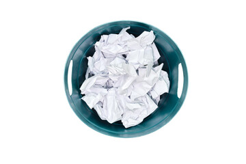 Plastic trash can being filled with crumpled sheets of white paper, isolated on a white background