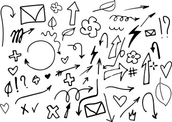 cute vector doodle illustration of arrows, hearts, flowers, lightning and other elements