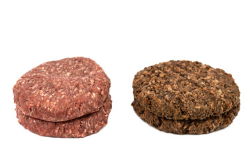 Two kinds of burger - vegan, veggie burger with sunflower seeds and beef meat burger