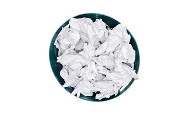 Plastic trash can being filled with crumpled sheets of white paper, isolated 