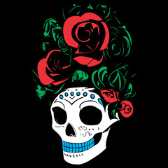 female beautiful sugar skull drawing hand drawn vector colored clip art