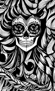 female day of the dead skull hand drawn vector black and white clip art