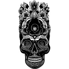 female sugar skull tattoo hand drawn vector black and white clip art