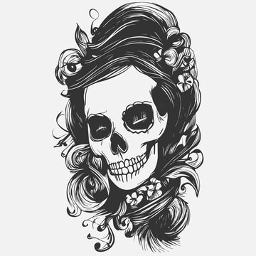 feminine skull hand drawn vector black and white clip art