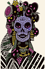 feminine sugar skull tattoo hand drawn vector colored clip art