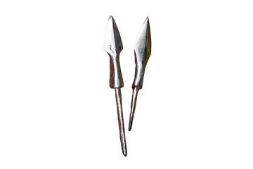 Making medieval arrows for bow shooting, isolated on a white background. Reconstruction of the...