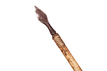 Making medieval arrows for bow shooting, isolated on a white background. Reconstruction of the events of the Middle Ages in Europe.