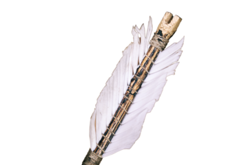 Making medieval arrows for bow shooting, isolated on a white background. Reconstruction of the events of the Middle Ages in Europe.