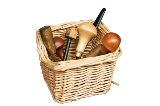 Wooden stamps for medieval ink printing on fabric and vintage clothing, isolated on a white background. Reconstruction of the events of the Middle Ages in Europe.