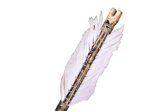 Making medieval arrows for bow shooting, isolated on a white background. Reconstruction of the events of the Middle Ages in Europe. - Powered by Adobe