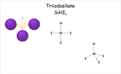 Stylized molecule model/structural formula of triiodosilane.