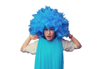 Woman in funny wigs give performance on a isolated white background. Showing a humorous show on a dark background