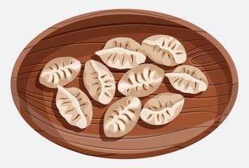 Vector illustration of Chinese food Dim Sum dumplings in the wooden tray isolated on white.