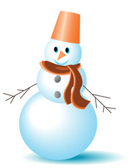 charming snowman on a white background in a scarf and with a bucket on his head
