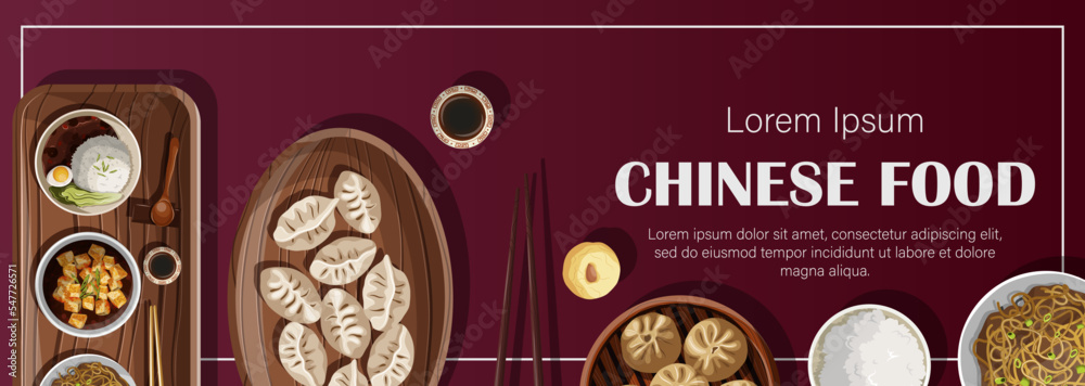 Wall mural Template flyer design. Vector illustration of Chinese food and copy-space isolated on dark red. Sale banner, poster, coupon, brochure, menu, card concept.