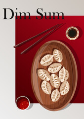 Vector illustration of poster with Chinese food dumplings and text Dim Sum isolated on light-red. Restaurant, cafe, shop, poster, greeting card, cover, banner, flyer concept.