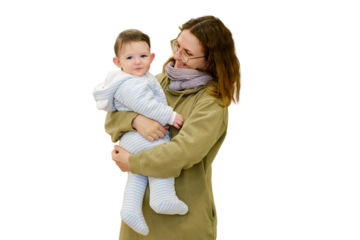 Mother woman with toddler baby boy in her arms, isolated on a white background. Mom with a child son. One year old kid