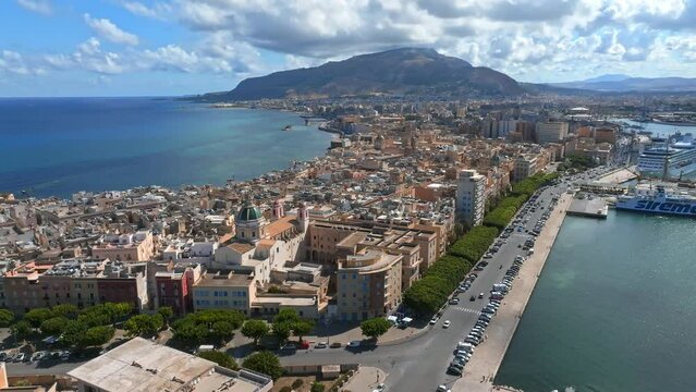 Aerial panoramic view of Trapani harbor, Sicily, Italy. Beautiful holiday town in Italy.