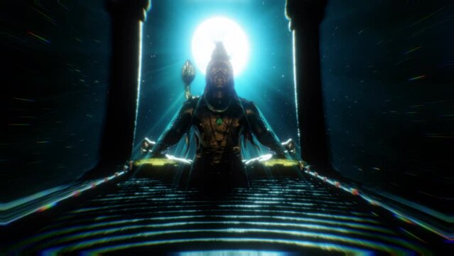 Shiva god hindu temple bright moon space background 3d blue flame powerful energy flowing 4k psychedelic visuals texture