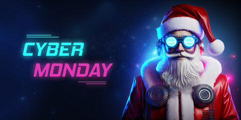 Cyber monday banner design, cyborg Santa Claus with cyberpunk glasses, copy space, digital art