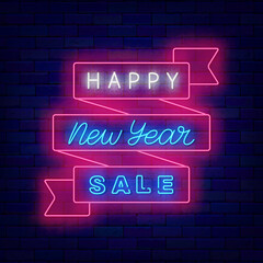 Happy New Year sale neon label on brick wall. Pink ribbon frame. Advertising with tape. Vector stock illustration