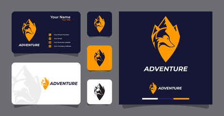 Wolf head and mountain adventure logo with business card template premium vector
