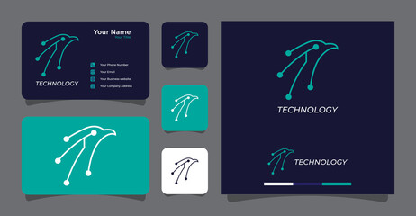bird head and technology logo with business card template premium vector
