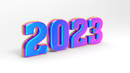 3D render of a banner with the text 2023 in the form of balloons. Christmas text in the form of foil balloons on a white background. For designing postcards, banners, posters and backgrounds.