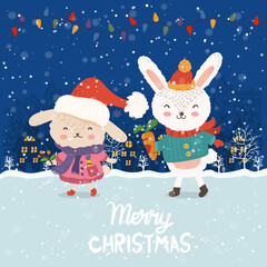 Cartoon illustration for holiday theme with  two happy funny rabbits on winter background with trees and snow. Greeting card for Merry Christmas and Happy New Year. Vector illustration. - 547730157
