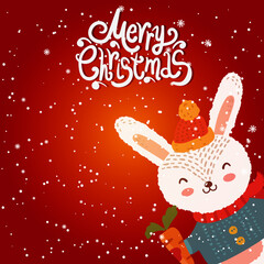 Cartoon illustration for holiday theme with happy bunny.Greeting card for Merry Christmas and Happy New Year. Vector illustration. - 547730179