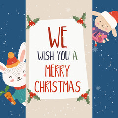 Cartoon illustration for holiday theme with  two happy funny rabbits on winter background with trees and snow. Greeting card for Merry Christmas and Happy New Year.Vector illustration. - 547730318