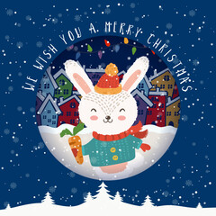 Cartoon illustration for holiday theme with happy bunny.Greeting card for Merry Christmas and Happy New Year. Vector illustration. - 547730380