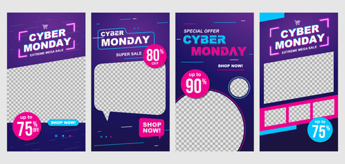 Cyber monday sale banner set. Social media stories template design collection. 
