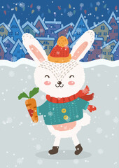 Cartoon illustration for holiday theme with happy bunny.Greeting card for Merry Christmas and Happy New Year. Vector illustration. - 547730510