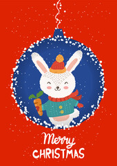 Cartoon illustration for holiday theme with happy bunny.Greeting card for Merry Christmas and Happy New Year. Vector illustration. - 547730524