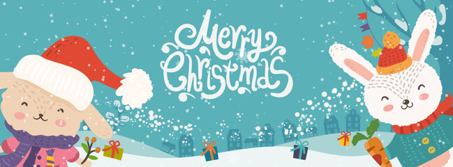 Cartoon illustration for holiday theme with happy children on winter background with trees and snow. Banner for Merry Christmas and Happy New Year. Vector illustration. - 547730553