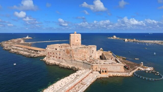 Medieval Colombian castle also called Sea Castle facing the port of Trapani, Sicily