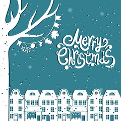 Cartoon illustration and text for holiday theme on winter background with trees and snow. Greeting card for Merry Christmas and Happy New Year. Vector illustration. - 547730735