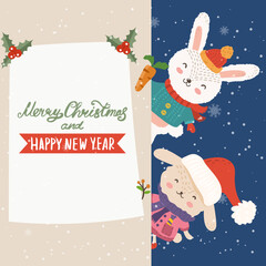Cartoon illustration for holiday theme with  two happy funny rabbits on winter background with trees and snow. Greeting card for Merry Christmas and Happy New Year.Vector illustration. - 547730746