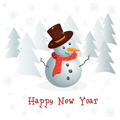 Snowman with word cloud for text on white background with snow, snowflakes. The snowman says Happy New Year. Festive background, greeting, card or sticker
