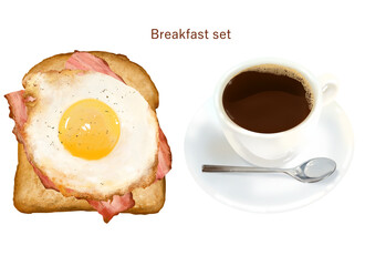 朝食のセットー食パンーベーコンー目玉焼きとコーヒーのイラスト