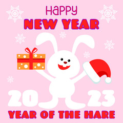 Greeting card with the new year, year of the hare on a pink background