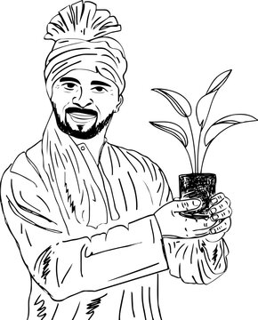 Indian farmer holding plant, happy indian rural woman holding plant sketch drawing vector illustration, farmer holding and showing plant at agriculture field clip art